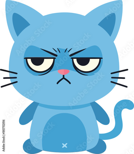 A grumpy blue cartoon cat with furrowed brows and a displeased expression sitting with its tail curled