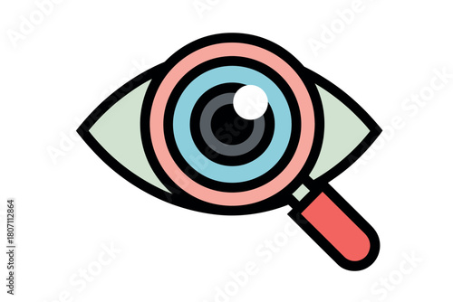 A magnifying glass examines a stylized eye, symbolizing vision and observation.