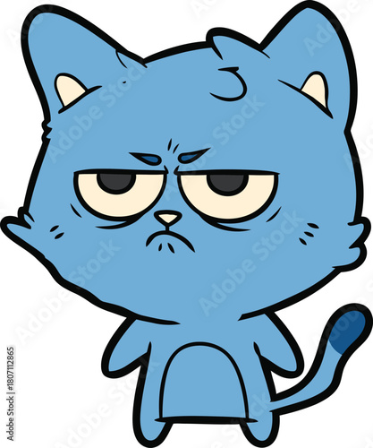 A grumpy cartoon blue cat with tired eyes and a displeased expression sits patiently conveying a mood of annoyance or boredom