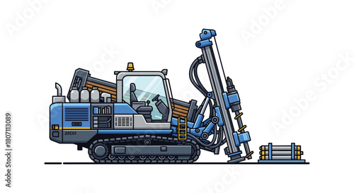 Detailed side-view illustration of a crawler drilling rig, a heavy piece of construction machinery used for boring holes in earth.