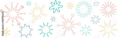A collection of hand-drawn explosion and burst effects in various colors decorative vector illustrations suitable for use as effects or embellishments in graphic design. Vector illustration