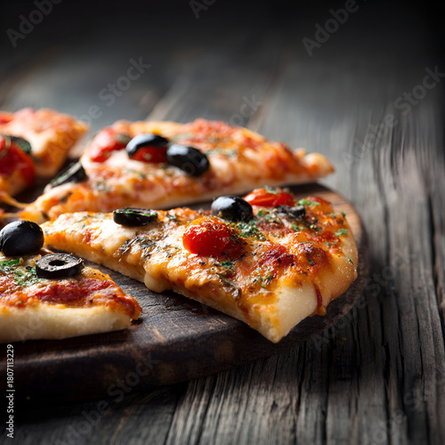 Topped pizza shines with warm light on a rustic wood surface. Excellent for restaurant menus or food blogs.