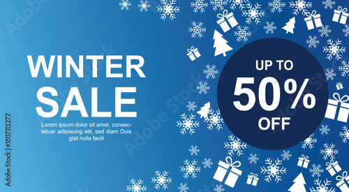 Winter sale banner with snowflakes and gift boxes on blue background, up to 50% off, perfect for seasonal promotions