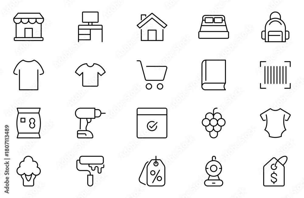 Fototapeta premium Marketplace Categories outline Icons set. Vector illustration in modern thin line style of e-commerce related icons: household goods, electronics and household appliances, clothing, and more.