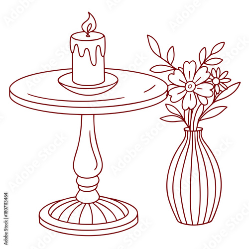 A single lit candle on a table next to a vase of flowers