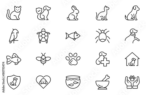 Set of line icons related to pet, care, veterinary, vet, and healthcare. Outline icon collection. Set of outline veterinarian icons. Animals veterinary icons.Pet and Vet Line Icon Set.