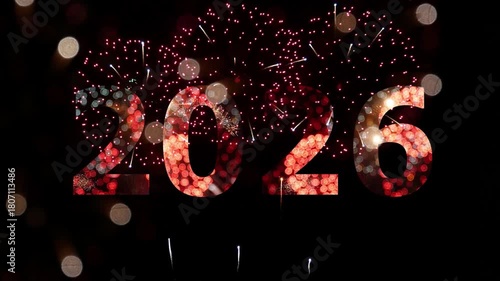 4K. seamless looping of firework of year 2026 greeting during new year eve countdown celebration, real illuminate fireworks festival in the sky display at night with colorful