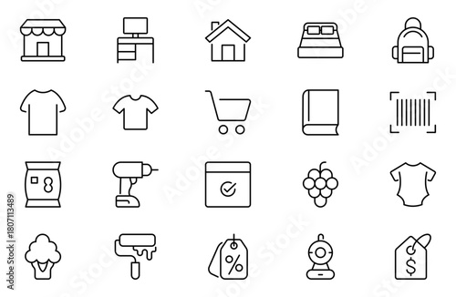Marketplace Categories outline Icons set. Vector illustration in modern thin line style of e-commerce related icons: household goods, electronics and household appliances, clothing, and more.
