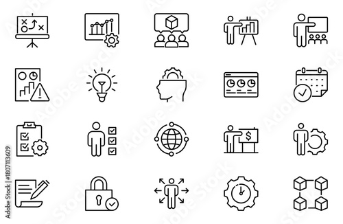 Project management icon collection. Time management and planning concept. Business or organization management icons for web and mobile app. Time management, planning, project, startup, marketing.