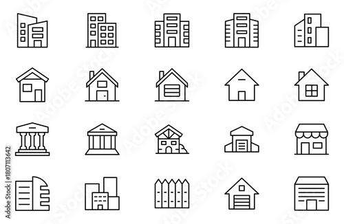 Real Estate minimal thin line web icon set. Included the icons as realty, property, mortgage, home loan and more. Outline icons collection. House, key, buy, sell, loan, building, address, bedroom