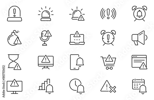 Warning and risk line icon ser. Set of line icons in linear style. Warning exclamation mark, attention, danger, notice, stop. Alerts and Warning editable stroke outline icon.