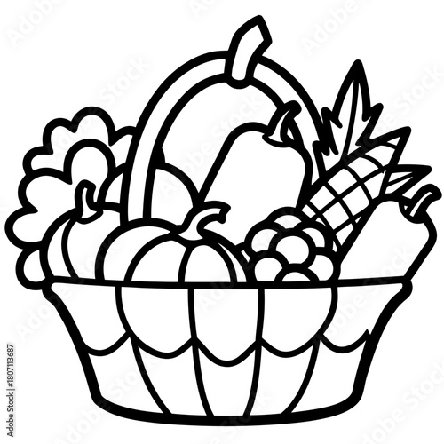 Black and white illustration of a harvest basket filled with vegetables and fruits