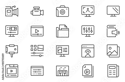 Content creator icon set. Modern thin-line style of love social media-related icons: passion, creator, celebrity, and more. Pictograms and infographics for mobile.Editable stroke outline icon.