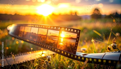 Film strip sunset in tall green grass.