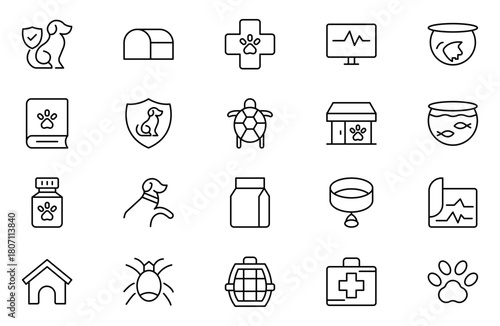 Set of line icons related to pet, care, veterinary, vet, and healthcare. Outline icon collection. Set of outline veterinarian icons. Animals veterinary icons.Pet and Vet Line Icon Set.