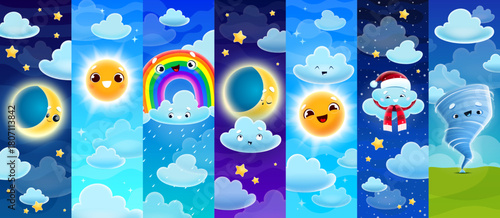 Cartoon weather characters of smiling sun, crescent moon, fluffy clouds, twinkling star, rainbow with raindrops and cheerful tornado. Vector collage of cute weather personages with cute smiling faces