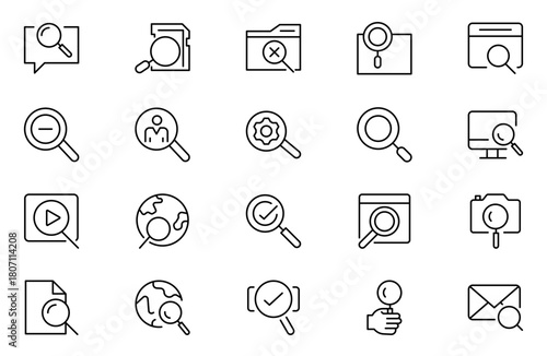 Search line icon collection. Zoom, binoculars, find document, magnify glass, web, browse, digital marketing, data analysis. UI outline icons pack