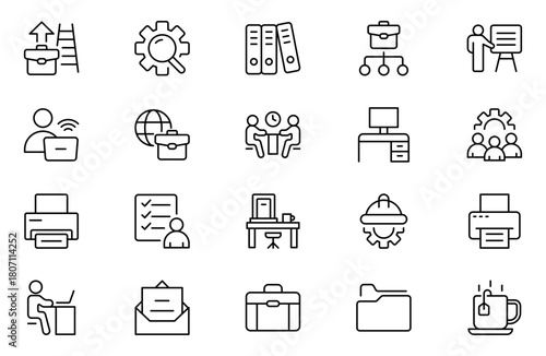 Workplace line web icons set. Employ, conference, project, document, business, work, support, contact us, productivity strategy, collection.