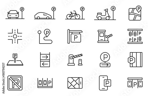 Parking line icon collection. Garage, paid parking, lift, automobile and car parking icon set. UI outline icons pack