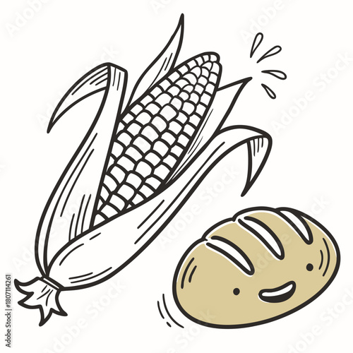 Cute corn and bread characters sharing a moment