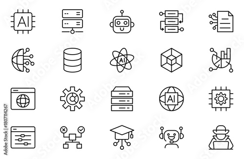 Artificial intelligence and Networking technology icon set. AI and networking editable line icon illustration.