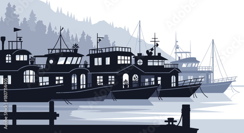 Serene monochromatic scene of houseboats and fishing boats docked in a quiet harbor with a forested mountain range in the background.