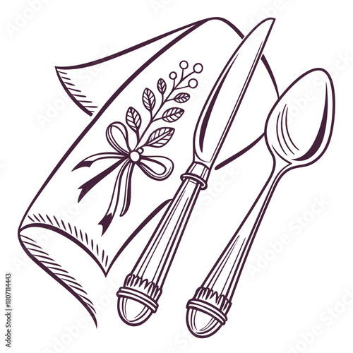 Elegant napkin with cutlery and botanical decoration