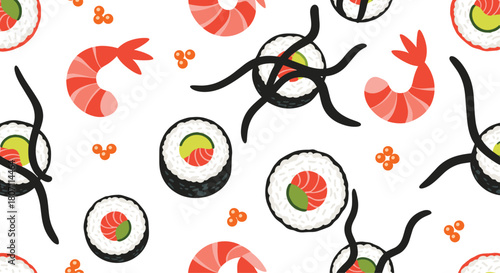 Clean and modern seamless pattern featuring various types of sushi, including salmon maki, shrimp, and roe, on a white background.