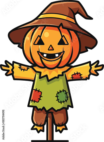 Cute cartoon pumpkin scarecrow wearing a witch hat and patched overalls perfect for halloween decorations and designs