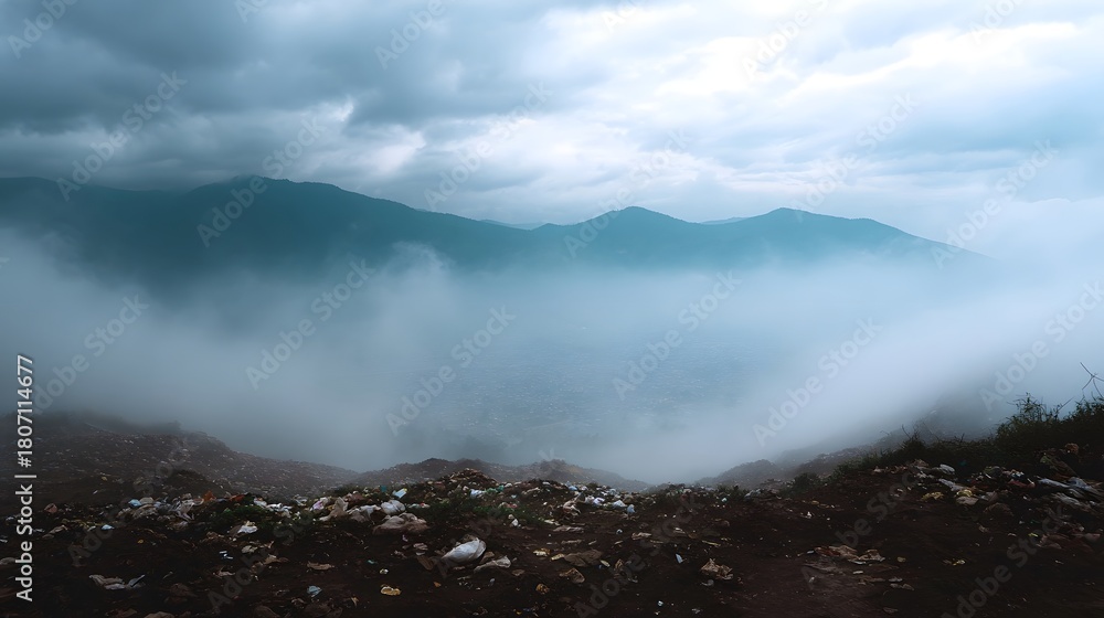 Fototapeta premium A desolate mountain landscape shrouded in mist and fog with piles of garbage in the foreground under an overcast sky