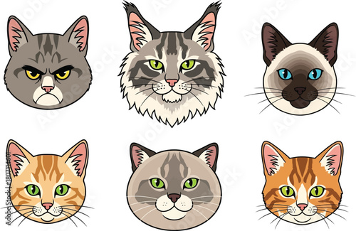 Collection of six distinct cat faces with varied expressions and breeds depicted in a charming illustrative style on a white background