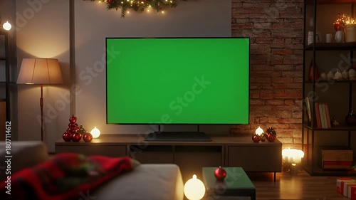 Green screen television in a festive living room with christmas holiday decorations