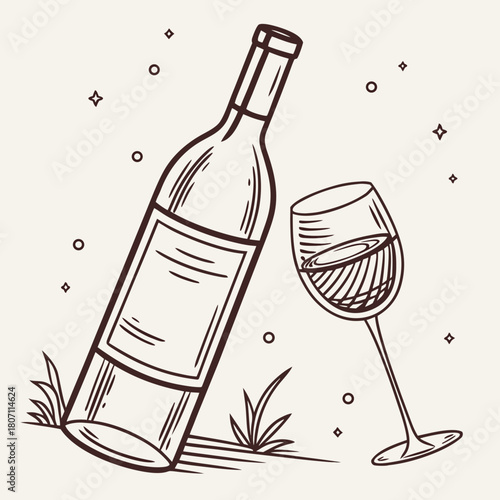 Hand drawn wine bottle and glass illustration with stars and circles