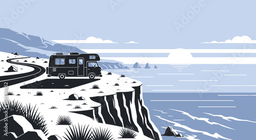Camper van parked on a seaside cliff offers a stunning view of the ocean horizon, embodying the spirit of a road trip adventure.