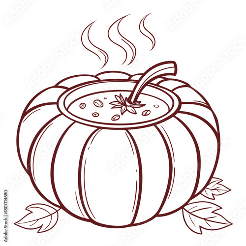 Hot pumpkin soup served in a pumpkin with autumn leaves