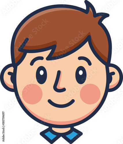 Friendly cartoon boy face with rosy cheeks and brown hair smiling happily in a simple illustration