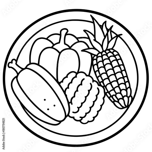 Line art illustration of a plate of fresh vegetables and corn