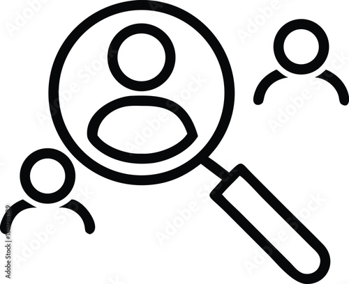 Human Resources: Magnifying Glass Focuses on Target Candidate Profile, Line Art Icon Design for Recruiting or Talent Acquisition.                     