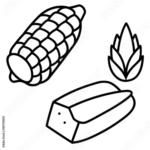 Line art illustration of corn hops and a hot dog