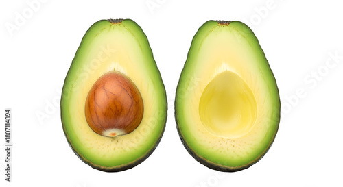 Fresh ripe avocado cut in half showing creamy green flesh and large brown seed isolated on transparent background