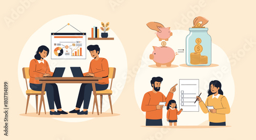 Family financial planning illustrations, showing a couple budgeting, saving money in piggy banks, and creating a to-do list.