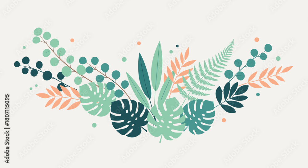 Fototapeta premium A beautiful decorative arrangement of various tropical leaves, including monstera and fern, in pastel green and pink colors.