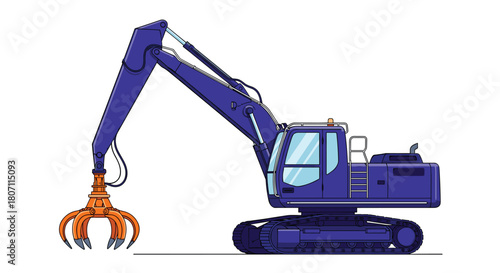 Industrial blue crawler excavator equipped with an orange rotating grapple for sorting scrap metal or logs, isolated on a white background.