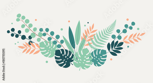A beautiful decorative arrangement of various tropical leaves, including monstera and fern, in pastel green and pink colors.