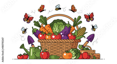 Bountiful wicker basket filled with fresh, colorful vegetables from a garden harvest, surrounded by gardening tools and insects.