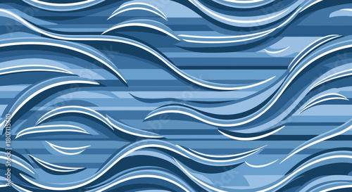 Stylized seamless pattern of flowing blue ocean waves and horizontal stripes, creating a dynamic and abstract nautical background design.