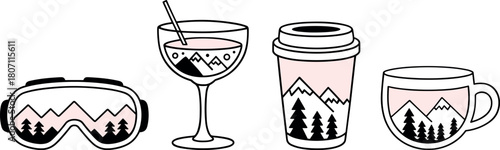 Apres ski drinks coffee shop girls cocktail party outline drawing mountain chalet cabin lodge bar aesthetic. Black and pink girly cozy retro vintage tea cup illustration clipart sticker bundle pack.