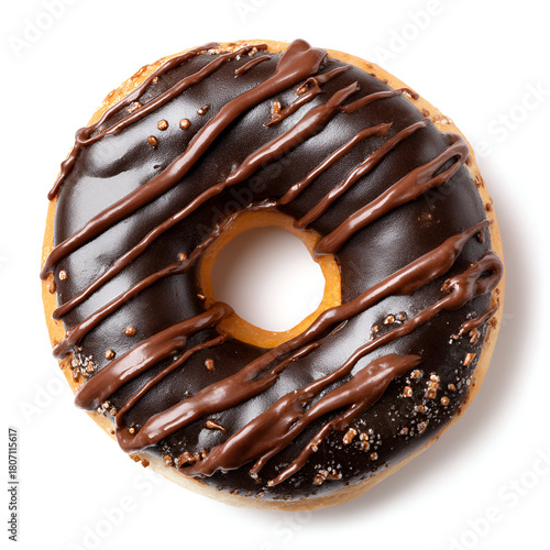 Glossy brown donut has chocolate drizzle on white. Use for food blogging, menus, or dessert concepts.