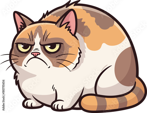 A grumpy calico cat with an unimpressed expression sits with its tail curled around its body on a white background