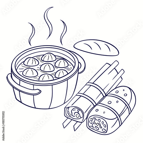 Steaming pot of dumplings with spring rolls and bread